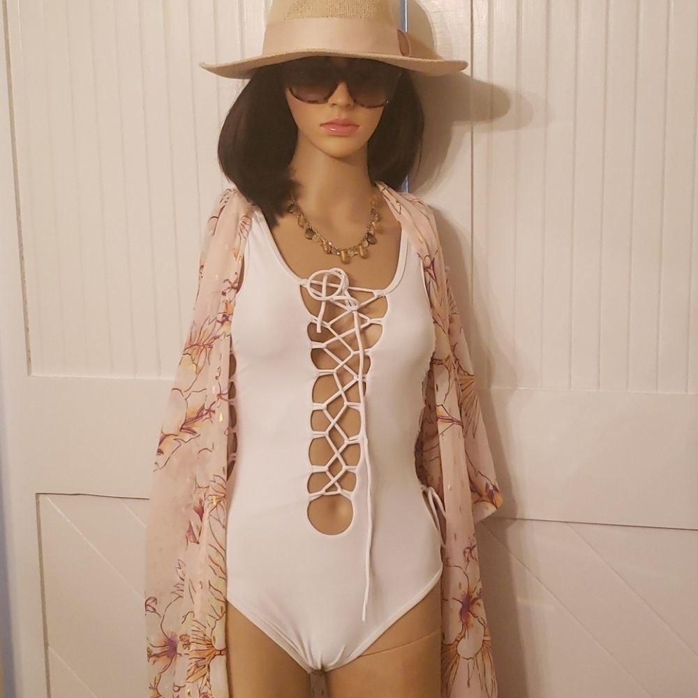 NWOT White Caged Strappy One Piece Swimsuit